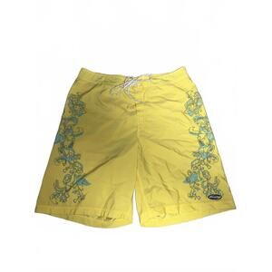 Chaps Yellow Board Shorts with Blue Floral Design, Size XL
